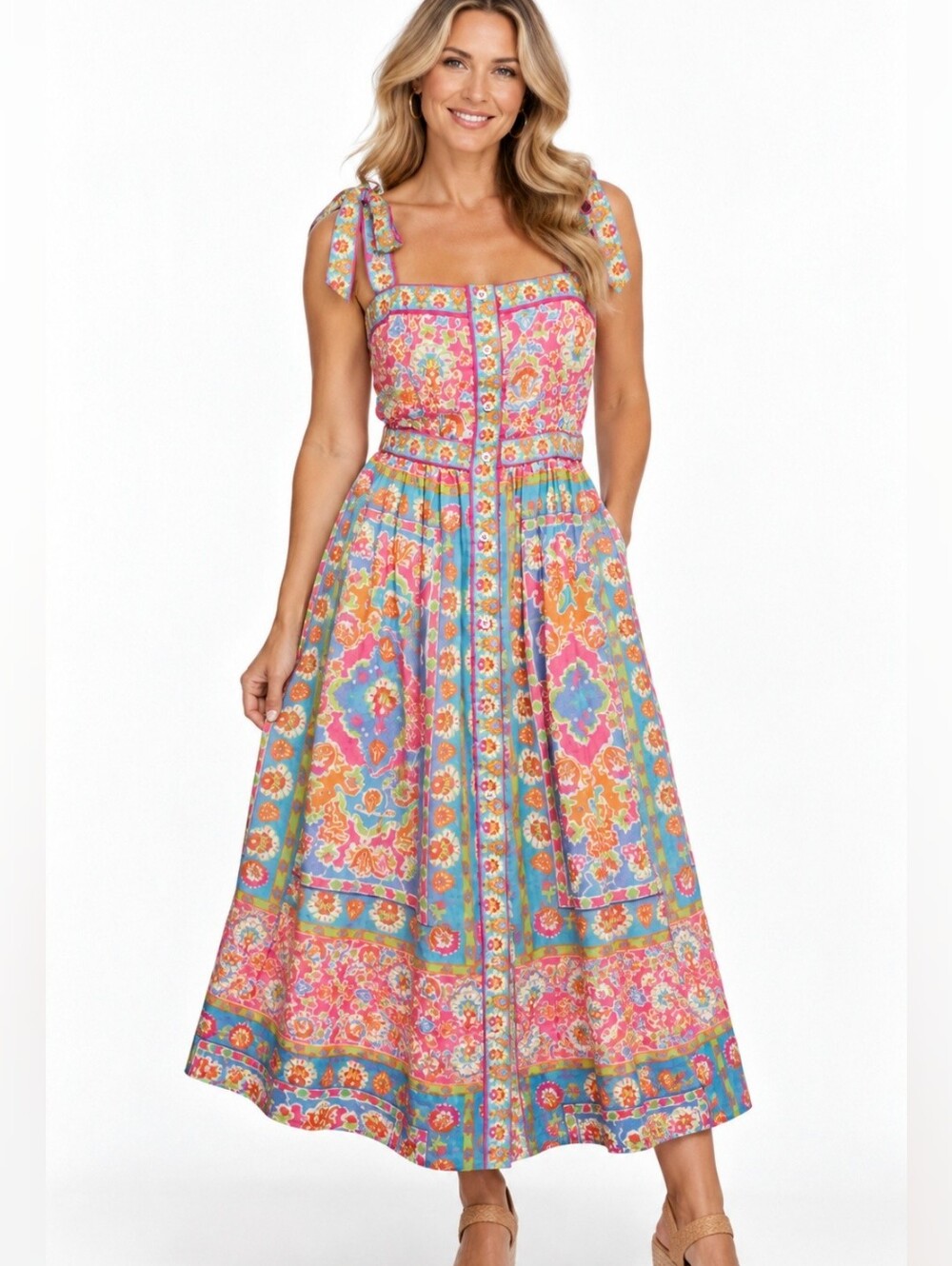 Gretchen Scott Fun In The Sun Dress L Floral Tie Shoulder Button Front Resort